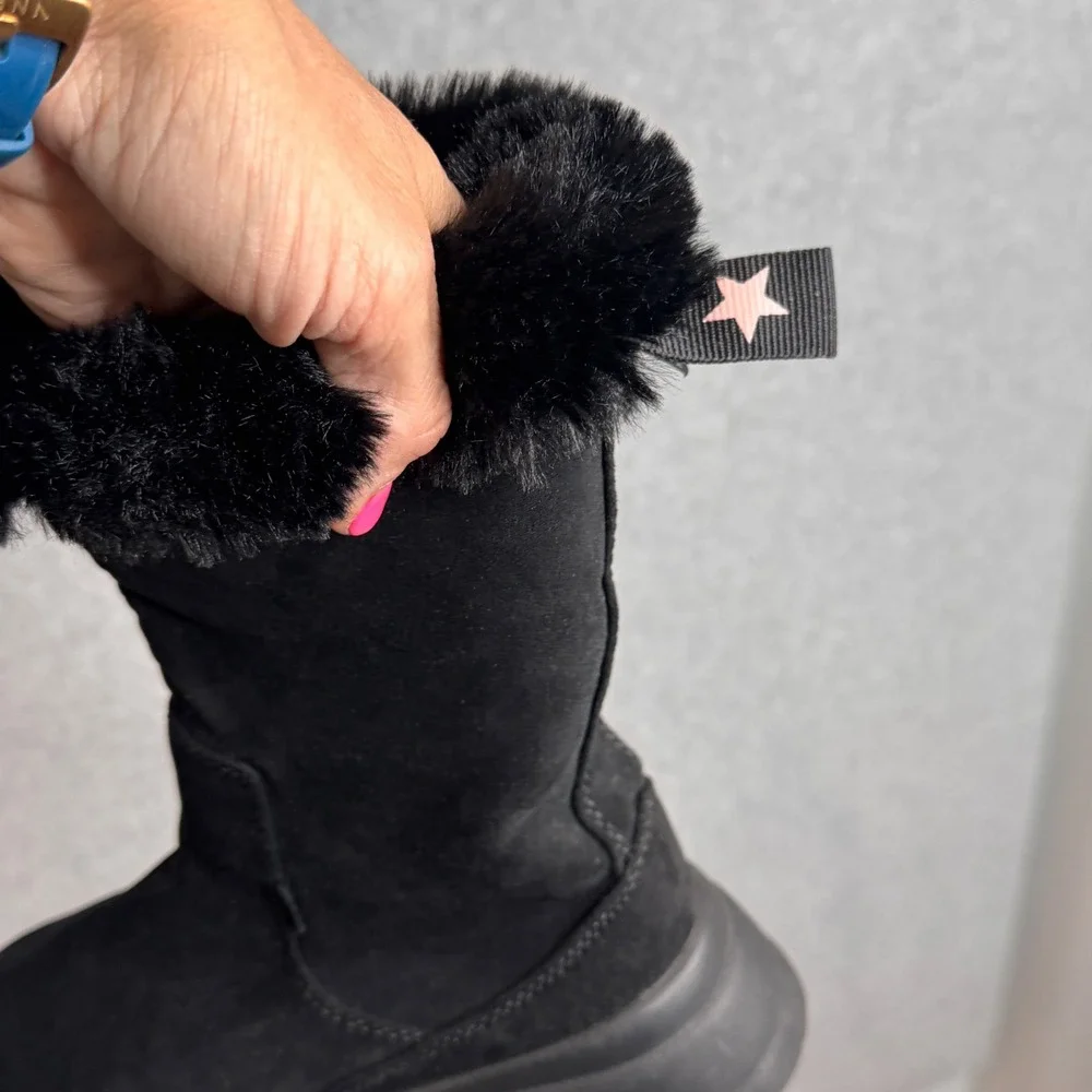 Zara Kids Faux Fur Ankle Booties‎ Black Suede Boots Chunky Platform Size 1Y